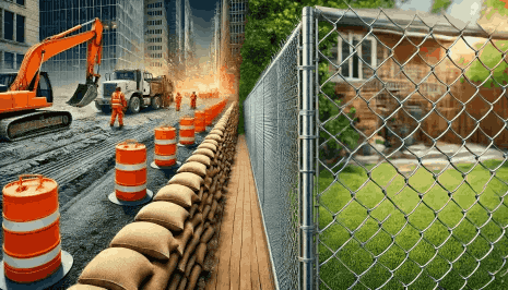 chain link fences used in construction zones and residential backyards.